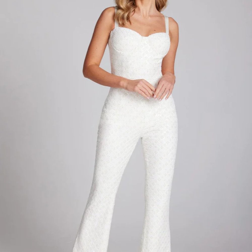 Nadine Merabi- size S Hailey white jumpsuit- sequin and embroidered